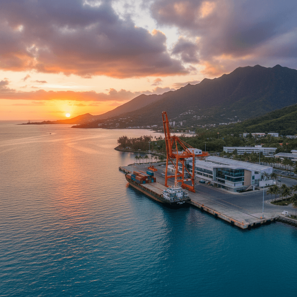 Caribbean harbor with mountains